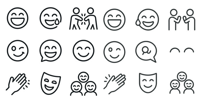 Naklejki Emoji and expression line icons set – simple, outline, smiley and emoticon designs