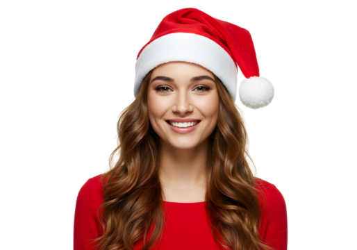 Beautiful young woman wearing a Santa hat and red top, smiling at the camera during Christmas celebrations