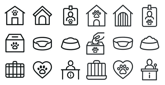 Pet care and adoption icons set &ndash; linear, outline, animal rescue symbols