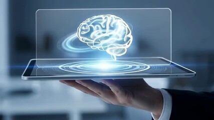 Holographic brain floating above digital tablet representing artificial intelligence
 - Powered by Adobe