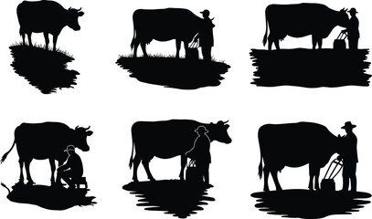 Cow milking silhouette, farmer with bucket, rural dairy scene, traditional agriculture, livestock care, editable vector, countryside life, black graphic illustration