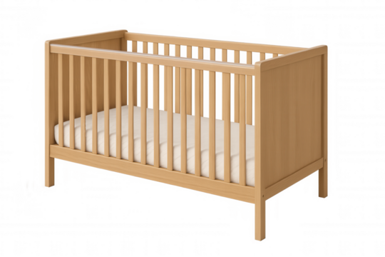 Wooden baby crib providing a safe sleep space for infants and newborns. Essential nursery furniture for parents on transparent background