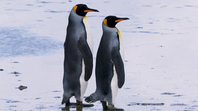 Two king penguins walking and interacting on beach in Falkland Islands, showing natural behavior in coastal wildlife habitat.