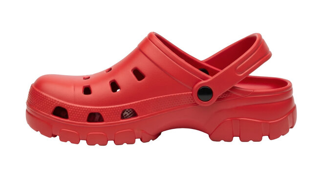Isolated red clog shoe with heel support and perforated vamp for ventilation, casual footwear