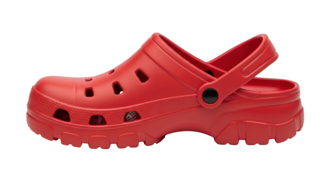 Isolated red clog shoe with heel support and perforated vamp for ventilation, casual footwear