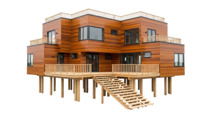 Isolated luxurious brown cedar beach house with staircases and decks on stilts for flood control
