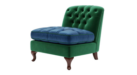 Isolated green velvet chair with blue tufted cushion for stylish seating or lounge area
