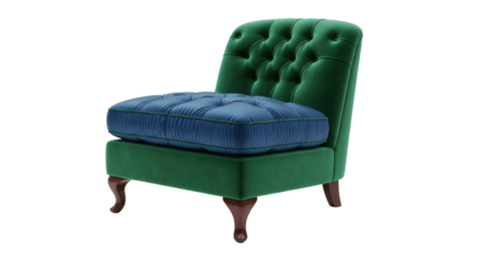 Isolated green velvet chair with blue tufted cushion for stylish seating or lounge area