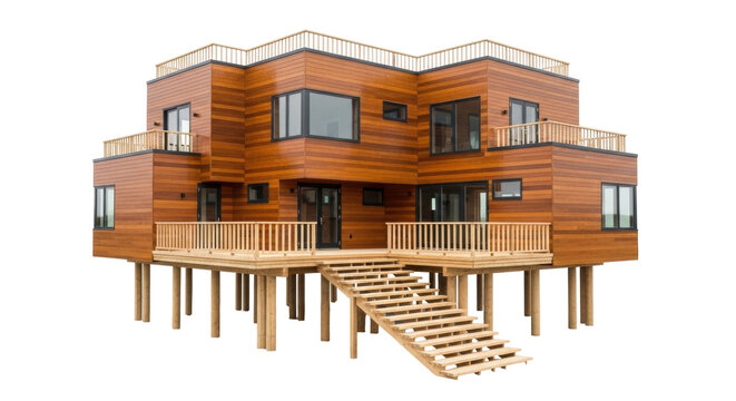 Isolated luxurious brown cedar beach house with staircases and decks on stilts for flood control