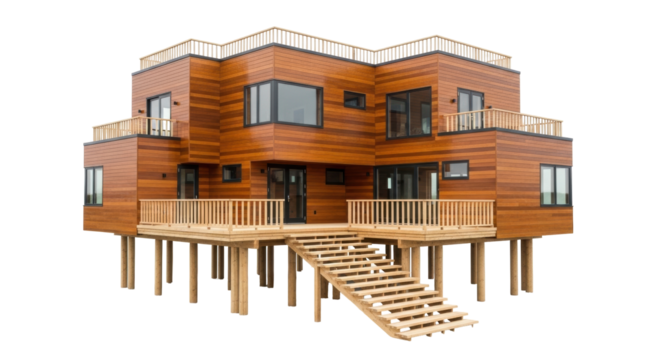 Isolated luxurious brown cedar beach house with staircases and decks on stilts for flood control