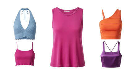 Isolated knit halter top and tank tops in purple, orange, pink and blue sleeveless shirts