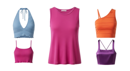 Isolated knit halter top and tank tops in purple, orange, pink and blue sleeveless shirts