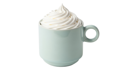 Isolated mug full of swirling whipped cream on a clean surface, for a bakery item or a beverage