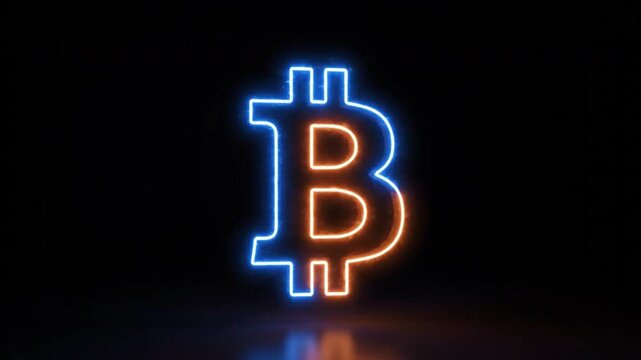 Glowing digital currency symbol in neon blue and orange against dark background, showcasing modern cryptocurrency and finance technology with vibrant visual impact