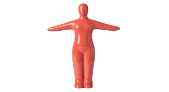 Isolated reddish human figurine stands with arms out, symbol for equality, representation
