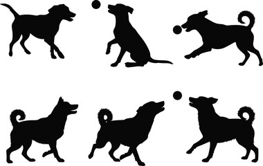 Dog silhouette vector illustration, playful pet poses, black dog with ball, jumping, running, sitting, standing, energetic animal design for stock content