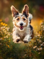 An excited dog runs joyfully through a golden hour meadow filled with wildflowers its fur blowing in the wind captured with dynamic motion blur