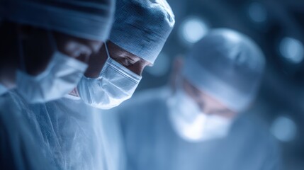 A team of surgeons performing a complex operation in a sterile, high-tech operating room.
