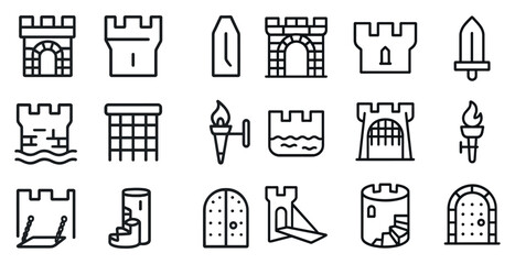 Medieval castle outline icons set &ndash; fortress, heritage, historical symbol collection