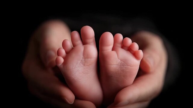 Close up of a parent hands around the tiny feet of a newborn baby, Hands holding a newborn baby's feet. New born baby and family, New life concept	