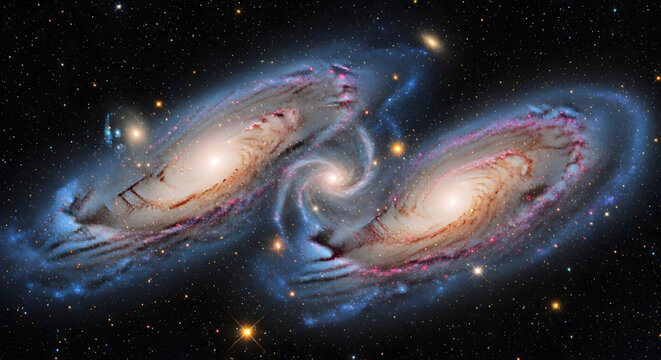 Two galaxies colliding in a vast and colorful universe with stars and nebula