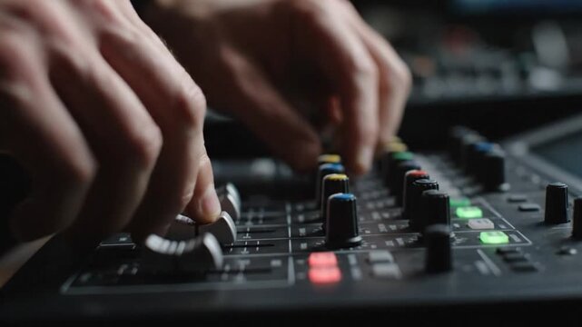 Hands operating faders and knobs on an audio mixer during a recording session.