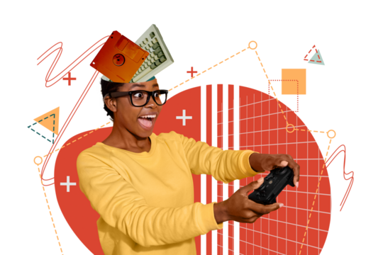 Composite photo collage of happy american girl play video game console gamepad hole head hdd memory keyboard isolated on painted background - Powered by Adobe