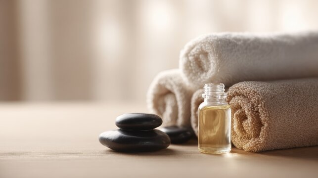A serene spa setting with massage stones, essential oils, and folded towels.