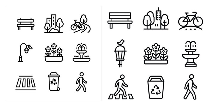Urban and city outline icons set &ndash; silhouette, linear, municipal elements
