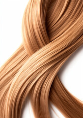 Vertical, close-up of long, shiny, straight blonde hair strands crossing over a white background.