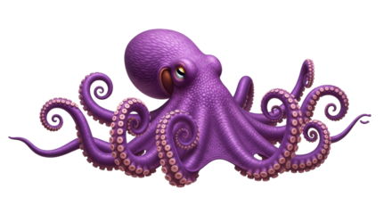 Isolated Cute Purple Octopus, Cartoon Style Ocean Creature with Tentacles and Suction Cups