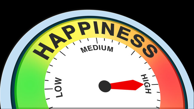 Happiness high, text, word level concept illustration with barometer or tachometer meter on black background. Ideal for joy, positive emotion, and elevated mood visuals