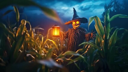 Spooky scarecrow with glowing eyes in cornfield at dusk. Halloween, All Hallows Eve, Samhain - Spooky Holiday Season, Fall Festival Celebration - Powered by Adobe