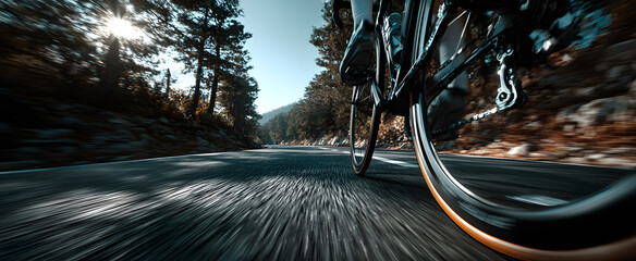 The bicycle wheel spinning along a smooth road or sidewalk trail.