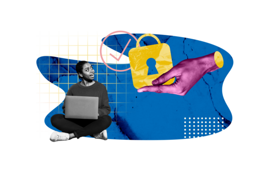 Composite photo collage of astonished american girl hold laptop checkmark symbol lock private info hack isolated on painted background