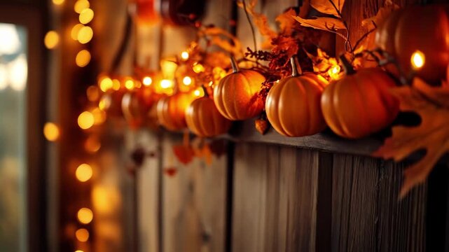 Warm autumn pumpkin garland with glowing string lights on rustic wood wall. Halloween, All Hallows Eve, Samhain - Spooky Holiday Season, Fall Festival Celebration