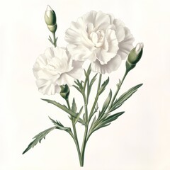 Fototapeta premium A Beautiful Arrangement of White Carnations Surrounded by Green Stems and Buds, Emphasizing the Natural Elegance and Simple Beauty of Floral Designs