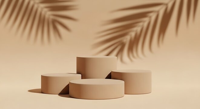 A minimalist display podium with four cylindrical tiers in a warm, earthy tone, set against a plain background with soft, natural shadows of palm leaves, creating a chic and organic aesthetic