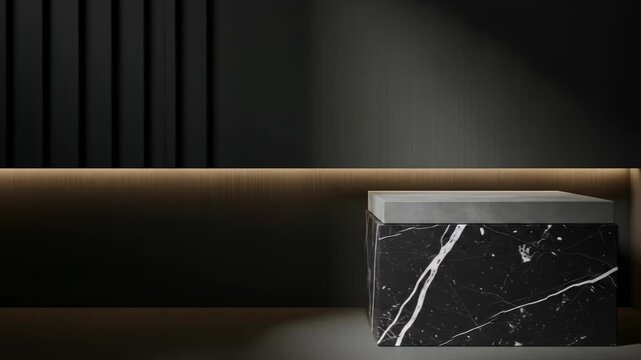 Minimalist scene with dark, vertical-lined wall, illuminated wood paneling, and a black marble pedestal