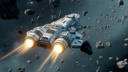 A futuristic space vehicles engine thrusters firing during a space mission flying through an asteroid field, dodging rocks and debris	 - Powered by Adobe