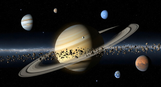 Planets of the solar system with saturn in the center of the image