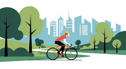 Naklejka premium Man riding a bicycle in a park with a city skyline in the background, , creating a peaceful and active scene