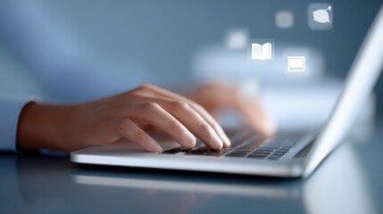 A person using a laptop for an e-learning course, with educational icons floating around the screen.