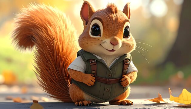 A cartoon squirrel stands proudly, wearing a vest, on a path with autumn leaves