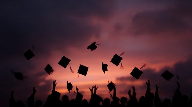 A graduation ceremony with graduates tossing their caps in the air against a sunset sky.