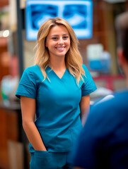 Smiling friendly female dentist or doctor in blue scrubs with X-rays in background.