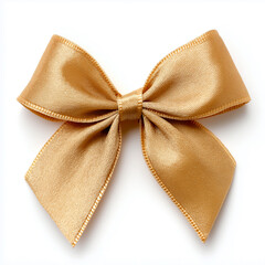 Elegant shiny golden satin fabric gift bow for celebration and luxury isolated on white.
