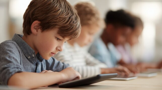 A group of children learning coding on tablets in a modern school environment.