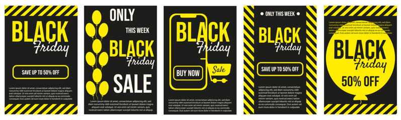 Naklejka premium Black Friday poster set. Vector illustration of modern Black Friday Sale banner with attention yellow tape mobile phone frame grocery cart and Sale text. Black Friday business flyer collection. 