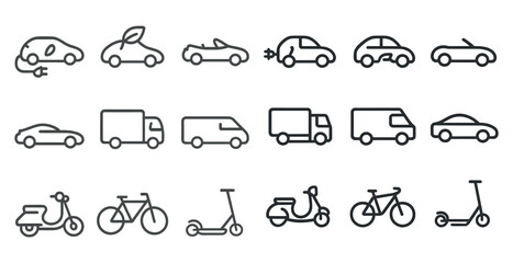 Electric vehicles line icons set – outline, eco transport, sustainable travel symbols